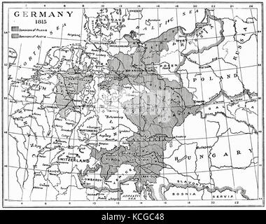 Carte de l'Allemagne en 1815 après le Congrès de Vienne. Extrait de l'Histoire des Nations de Hutchinson, publié en 1915. Banque D'Images