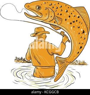 Style croquis dessin illustration d'un pêcheur de mouche Pêche à la truite brune tachetée un rembobinage sauter vu de l'arrière sur des arrière-plan. Illustration de Vecteur