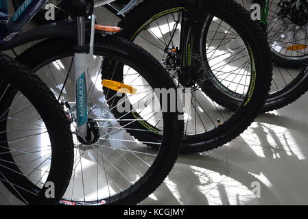 Rangées de roues avant et des pneus de vélo sur l'affichage avec roues en caoutchouc noir Banque D'Images