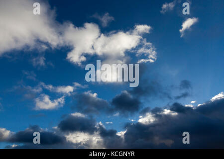 Les cumulus de gris et blanc contre le ciel bleu. Photographié de près. Banque D'Images