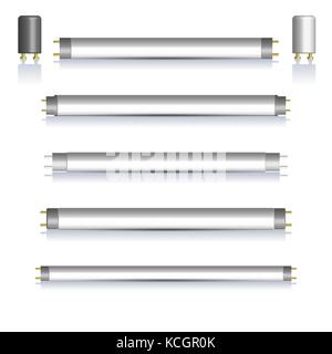 Ensemble de lampes fluorescentes et commencer avec miroir réflexion, isolé sur fond blanc. les éléments de conception de composants électriques, vec Illustration de Vecteur