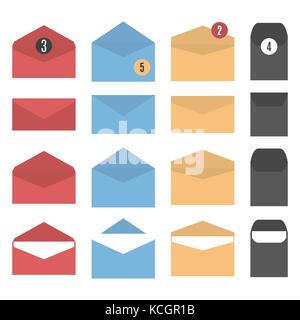 Enveloppes en papier de couleur ensemble de forme différente et tailles, ouvert et fermé, isolé sur fond blanc, vector illustration. Illustration de Vecteur