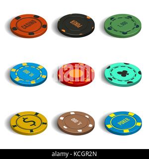 Ensemble d'icônes de jeu. Jetons multicolores pour jouer dans le casino, isolés sur fond blanc. Style isométrique 3D, illustration vectorielle. Illustration de Vecteur