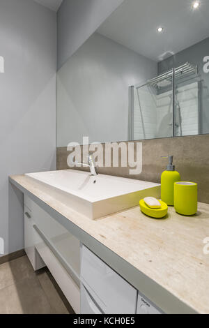 Salle de bains moderne avec lavabo de comptoir, grand miroir et accessoires vert Banque D'Images