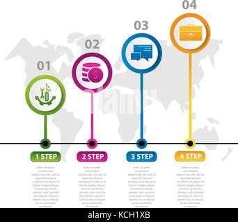 Vector illustration. infographie avec l'image de 4 cercles, sous la forme de goutte. Style 3d avec carte du monde et quatre étapes. utilisé pour les entreprises p Illustration de Vecteur