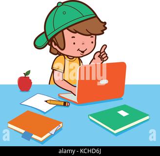 Enfant faisant ses devoirs sur l'ordinateur. Garçon étudiant dans la salle de classe de l'école. Illustration vectorielle Illustration de Vecteur