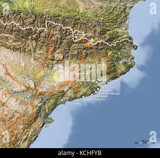 Carte du relief de la catalogne. colorés selon des couleurs naturelles. Banque D'Images