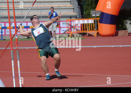 Le syndrome de sportif avec un javelot. Jeux Trisome 2016. Florence, Italie. Banque D'Images