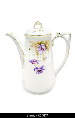 Le temps de l'art nouveau pot de café antique blanc sur fond isolé. Banque D'Images