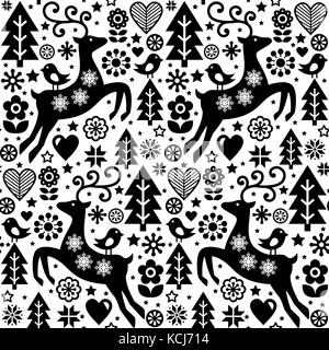 Vecteur de Noël style folk motif transparent, Scandinavian Design en noir et blanc, de rennes, d'oiseaux et fleurs décoration, papier peint Illustration de Vecteur