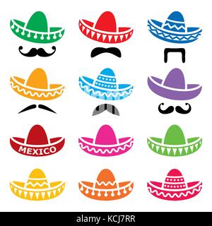 Chapeau sombrero mexicain avec moustache ou moustache vector icons set Illustration de Vecteur