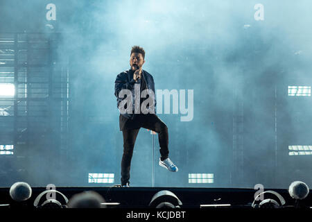 Danemark, Roskilde – 28 juin 2017. Le chanteur, auteur-compositeur et artiste de l'enregistrement canadien The Weeknd donne un concert en direct pendant le festival de musique danois Roskilde Festival 2017. Banque D'Images