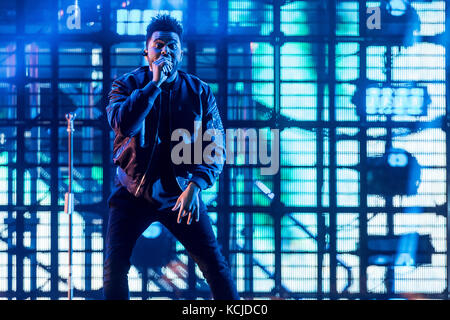 Danemark, Roskilde – 28 juin 2017. Le chanteur, auteur-compositeur et artiste de l'enregistrement canadien The Weeknd donne un concert en direct pendant le festival de musique danois Roskilde Festival 2017. Banque D'Images
