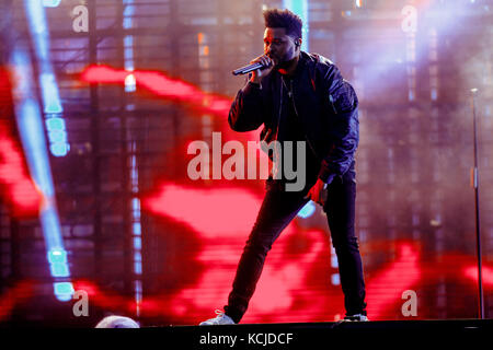 Danemark, Roskilde – 28 juin 2017. Le chanteur, auteur-compositeur et artiste de l'enregistrement canadien The Weeknd donne un concert en direct pendant le festival de musique danois Roskilde Festival 2017. Banque D'Images
