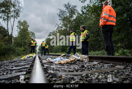 Ochtrup, Allemagne. 6 octobre 2017. Des policiers se tiennent sur la voie ferrée près d'Ochtrup, Allemagne, le 6 octobre 2017. Près de Gronau, dans la région de Muensterland, des activistes ont bloqué une voie ferrée pendant plus de onze heures. Ils voulaient arrêter un train atteignant l'usine de traitement de l'uranium de Gronau. La route a été fermée jusqu'aux premières heures du matin. Crédit : Guido Kirchner/dpa/Alamy Live News Banque D'Images