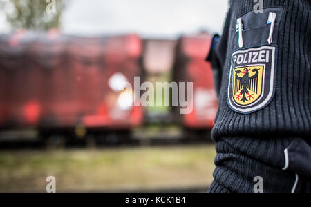 Ochtrup, Allemagne. 6 octobre 2017. Un policier se tient debout sur la plaque du poste à Ochtrup, Allemagne, le 6 octobre 2017. Un train avec des déchets radioactifs roule par. Près de Gronau, dans la région de Muensterland, des activistes ont bloqué une voie ferrée pendant plus de onze heures. Ils voulaient arrêter un train atteignant l'usine de traitement de l'uranium de Gronau. La route a été fermée jusqu'aux premières heures du matin. Crédit : Guido Kirchner/dpa/Alamy Live News Banque D'Images