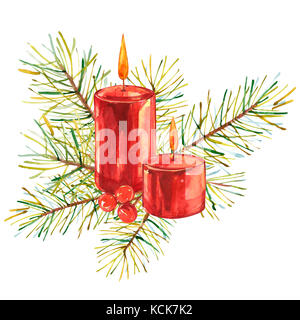 Illustrations de Noël vintage. Bougie de Noël, décorations et arbres. aquarelle concevoir isolé sur fond blanc. Banque D'Images