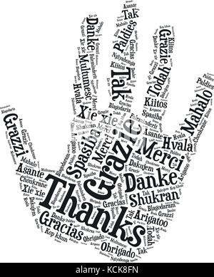 Words cloud, concept of thanks made with hand shape and tags on white background. Illustration de Vecteur