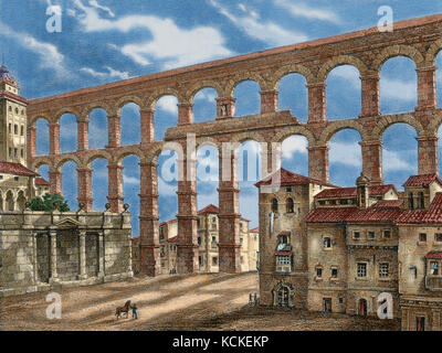 L'Espagne. Segovia. Aqueduc romain. La gravure. 19e siècle. De couleur. Banque D'Images