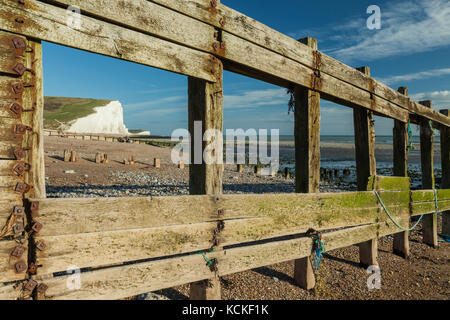 À l'épi en bois cuckmere haven sur la côte de l'East Sussex, Angleterre. Sept sœurs falaises au loin. Banque D'Images