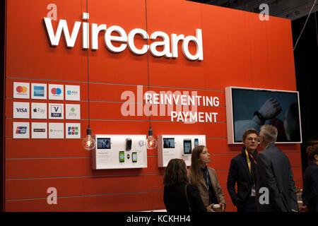 Stand d'exposition pour Wirecard AG l'internet mondial de la technologie et de fournisseur de services financiers à Payexpo à Londres Banque D'Images