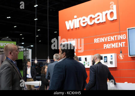 Stand d'exposition pour Wirecard AG l'internet mondial de la technologie et de fournisseur de services financiers à Payexpo à Londres Banque D'Images