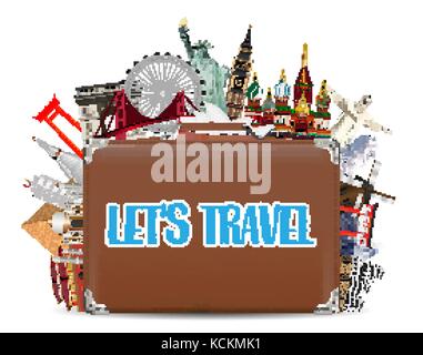 Valise sac de voyage avec world travel monument Illustration de Vecteur
