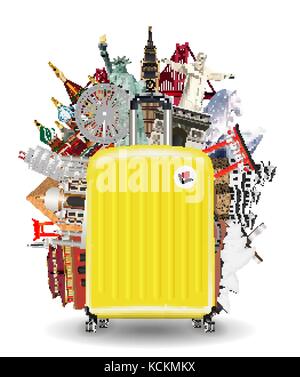 Valise sac de voyage avec world travel monument Illustration de Vecteur