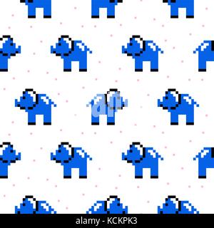 Blue Elephant cartoon pixel art modèle homogène. Illustration de Vecteur