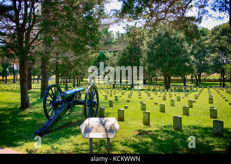 Canon de guerre civile surplombant les pierres tombales du cimetière du champ de bataille national de Stones River, Murfreesboro, TN, États-Unis Banque D'Images