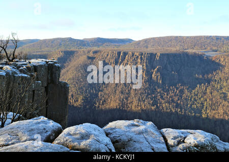 Forêt sur l'escarpement de Western Tiers endommagée par des feux de brousse catastrophiques. Devils Gullet, Western tiers, nord de la Tasmanie, Australie Banque D'Images