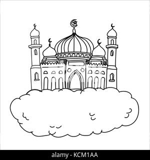 Croquis dessin animé de mosquée sur fond de nuage blanc pour concept religieux islamique. vector illustration Illustration de Vecteur