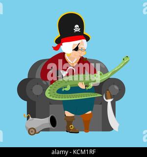 Grand-mère pirate. vieux buccaneer et crocodile. grand-mère sur une chaise. Sabre et Cannon. pipe et jambe de bois. vector illustration Illustration de Vecteur