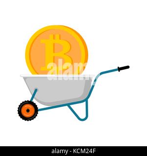 Brouette et bitcoin. cryptocurrency en chariot de jardin. argent virtuel. vector illustration Illustration de Vecteur