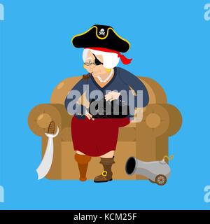 Grand-mère pirate. vieux buccaneer et chat. grand-mère sur une chaise. Sabre et Cannon. pipe et jambe de bois. vector illustration Illustration de Vecteur