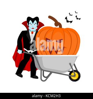Brouette et halloween vampire Dracula. grosse citrouille citrouilles terrible. vintage. vector illustration Illustration de Vecteur