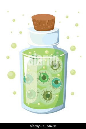 Le flacon en verre avec bouchon en liège avec un liquide vert. La potion dans un flacon. cartoon style. stock vector illustration page de site web et mobile app design Illustration de Vecteur