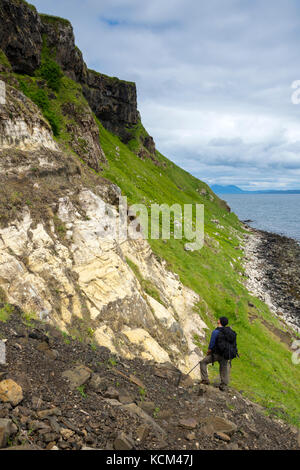 Une marchette sur la piste sous les falaises du côté ouest du plateau Beinn Bhuidhe, île d'Eigg, Écosse, Royaume-Uni Banque D'Images