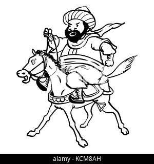 Caricature arabe graisse homme monté sur un cheval fatigué pour colorer-Hand drawn Vector illustration Illustration de Vecteur