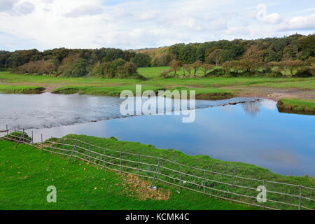 Le passage de la rivière ancienne bien connue au village de Ogmore castle ruins où les grosses pierres ont été placées pour se permettre un pied de passage sur la Ewenny Banque D'Images