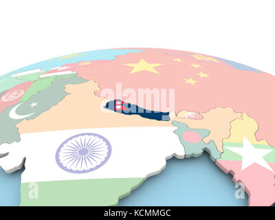 Le Népal sur globe politique avec des drapeaux. 3d illustration. Banque D'Images