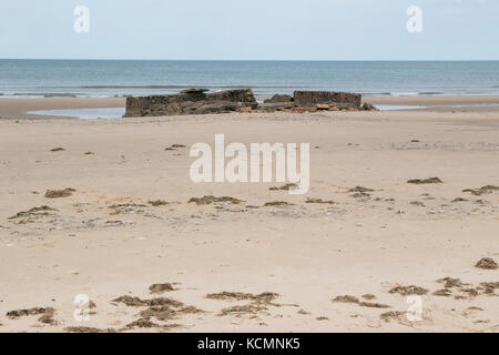 Plage de Titchwell, Norfolk, montrant la structure en décomposition et la mer Banque D'Images