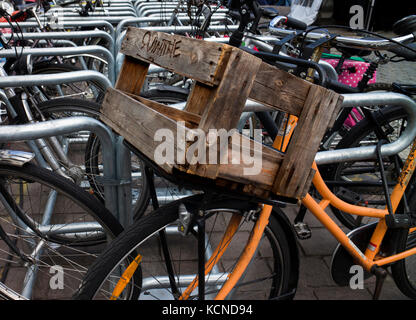 Des caisses en bois utilisées comme panier à vélo Banque D'Images