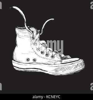 Vintage white sneakers hand drawn sur fond noir, vector illustration. Illustration de Vecteur