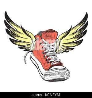 Sneakers avec des ailes isolé sur fond blanc, dessin à la main, vector illustration Illustration de Vecteur