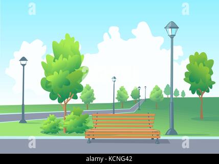 Banc vide dans le parc. parc avec un lampadaire, arbres, buissons et promenade avec les frontières. Illustration de Vecteur