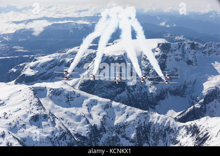 Tudor du canada l'équipe de démonstration de vol, les Snowbirds, vole au-dessus de montagnes dans le parc Strathcona Banque D'Images