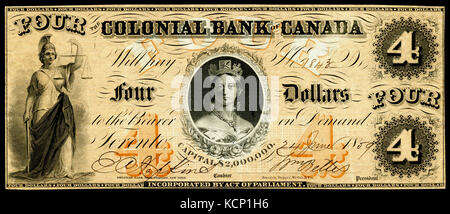 Un billet de banque canadien de 1859 de la Banque coloniale du Canada, portant une valeur nominale de 4 dollars. Cette monnaie historique reflète les conditions économiques du Canada au milieu du XIXe siècle. Banque D'Images