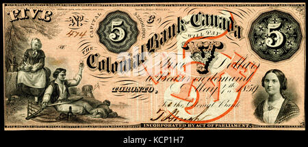 Cette image représente un billet de 5 dollars de la Banque coloniale du Canada, émis en 1859. La monnaie met en lumière l'histoire financière du Canada au XIXe siècle. Banque D'Images
