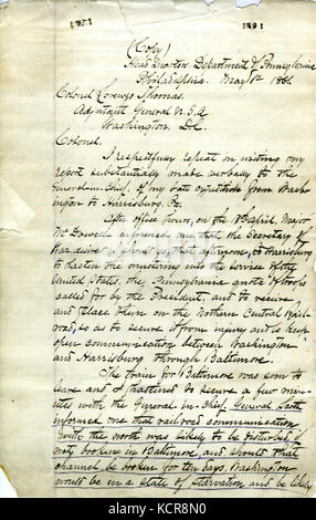 Copie du rapport de Fitz John Porter, Head Quarters, Ministère de Pennsylvanie, Philadelphie, au colonel Lorenzo Thomas, adjudant général, États-Unis d'Amérique, Washington, D.C., Mai 1, 1861 Banque D'Images